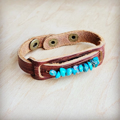 **Genuine Leather Narrow Cuff with Turquoise Regalite Stones 006v