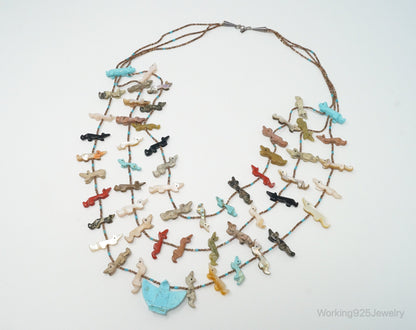 VTG Native America Fox Fetish Carved Multi Gem Sterling Silver Necklace