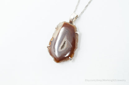Vintage Large Brown Crazy Lace Agate Sterling Silver Necklace
