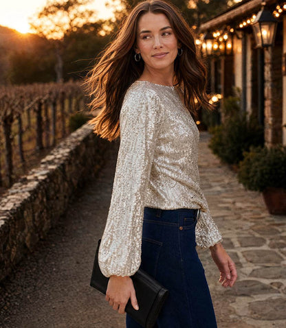 Petite Size Sequin Blouson Sleeve Boatneck Top
