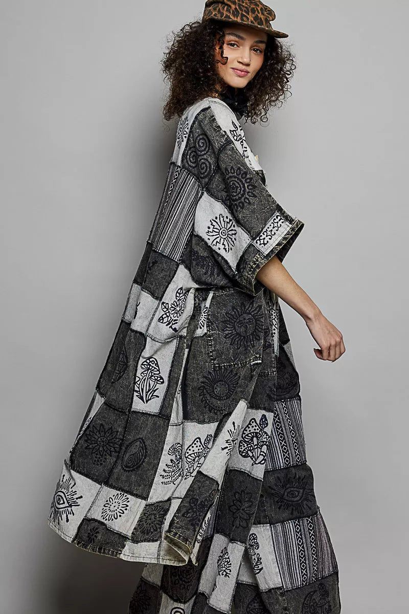 POL Open Front Printed Patchwork Longline Cardigan