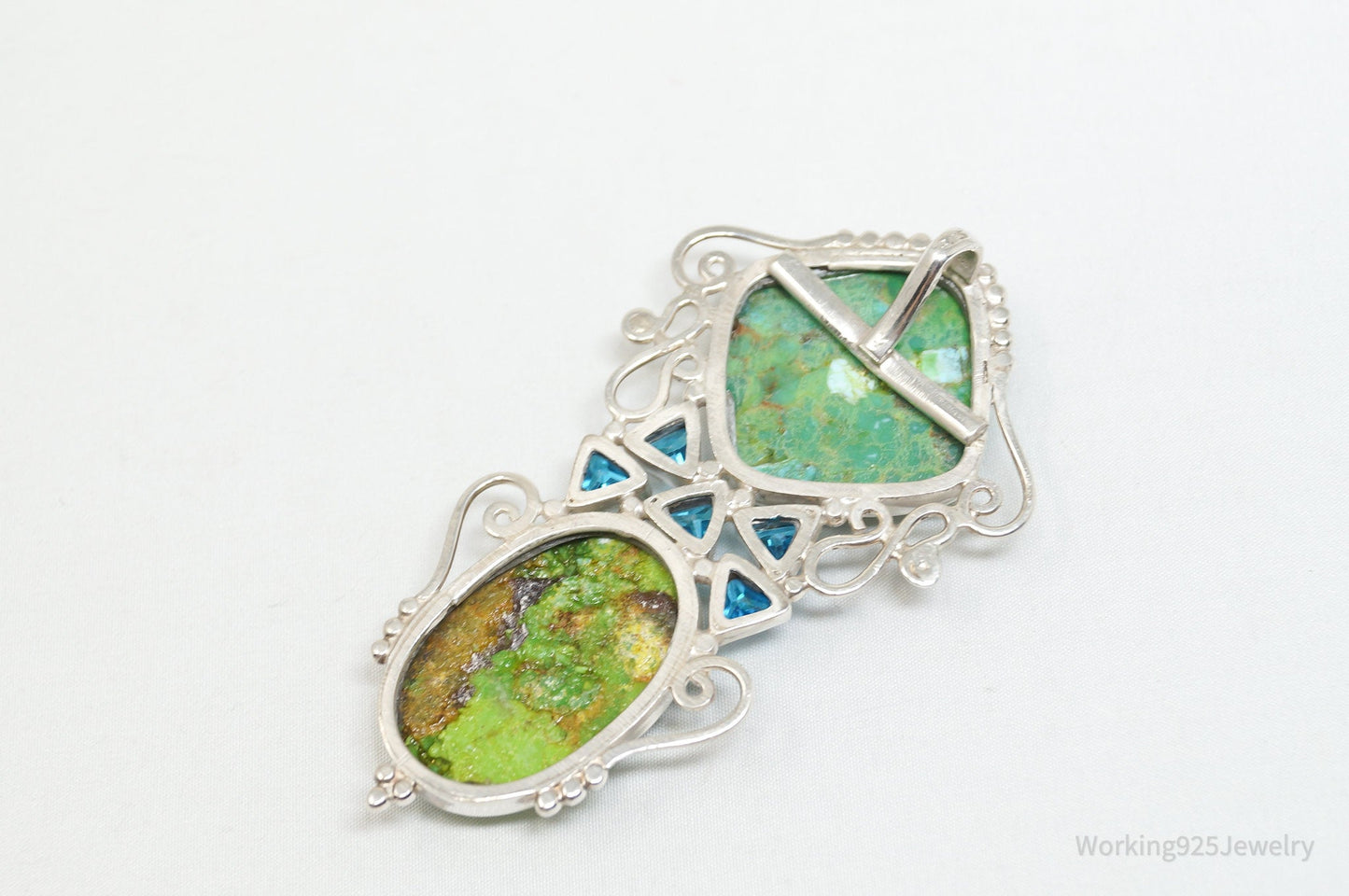 Vintage Large Green Turquoise Blue Topaz Sterling Silver Necklace Pendant