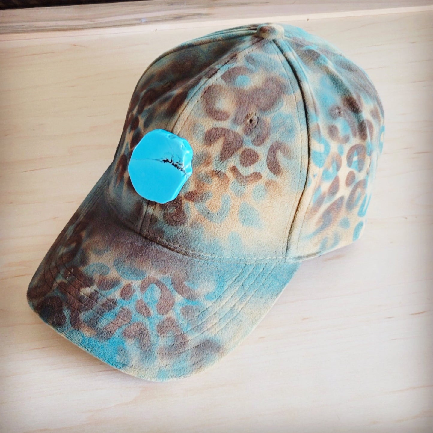 Hand-Painted Leopard Suede Baseball Cap Tan & Turq 986p