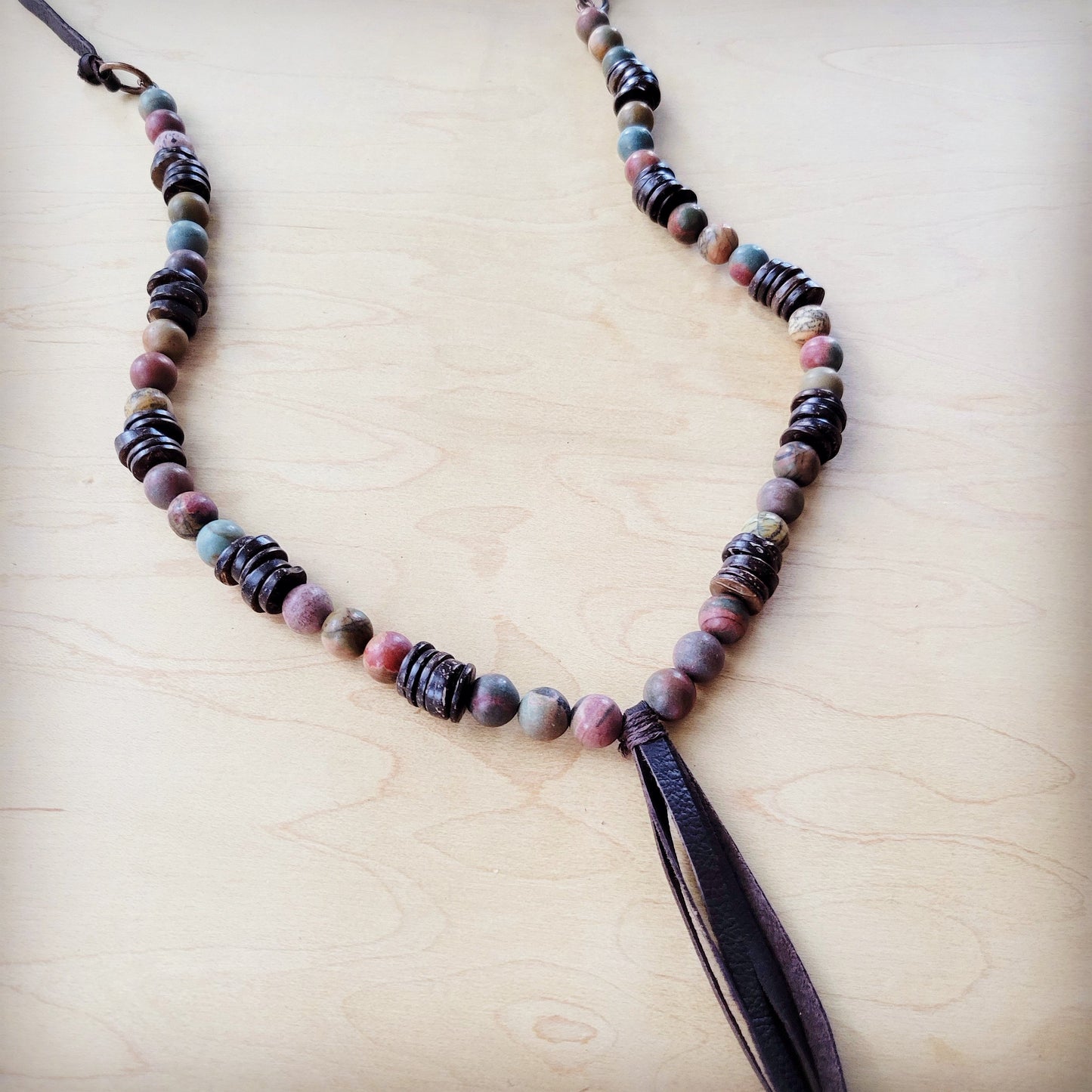 **Picasso Jasper Necklace with Wood Beads and Leather Tassel 261i