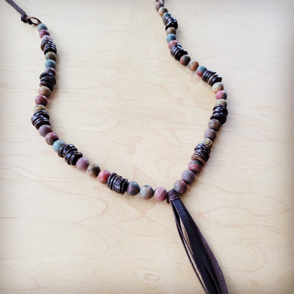 **Picasso Jasper Necklace with Wood Beads and Leather Tassel 261i