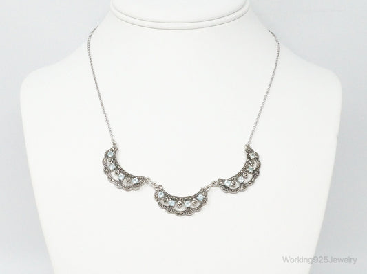 Vintage Art Deco Blue Topaz Marcasite Sterling Silver Necklace