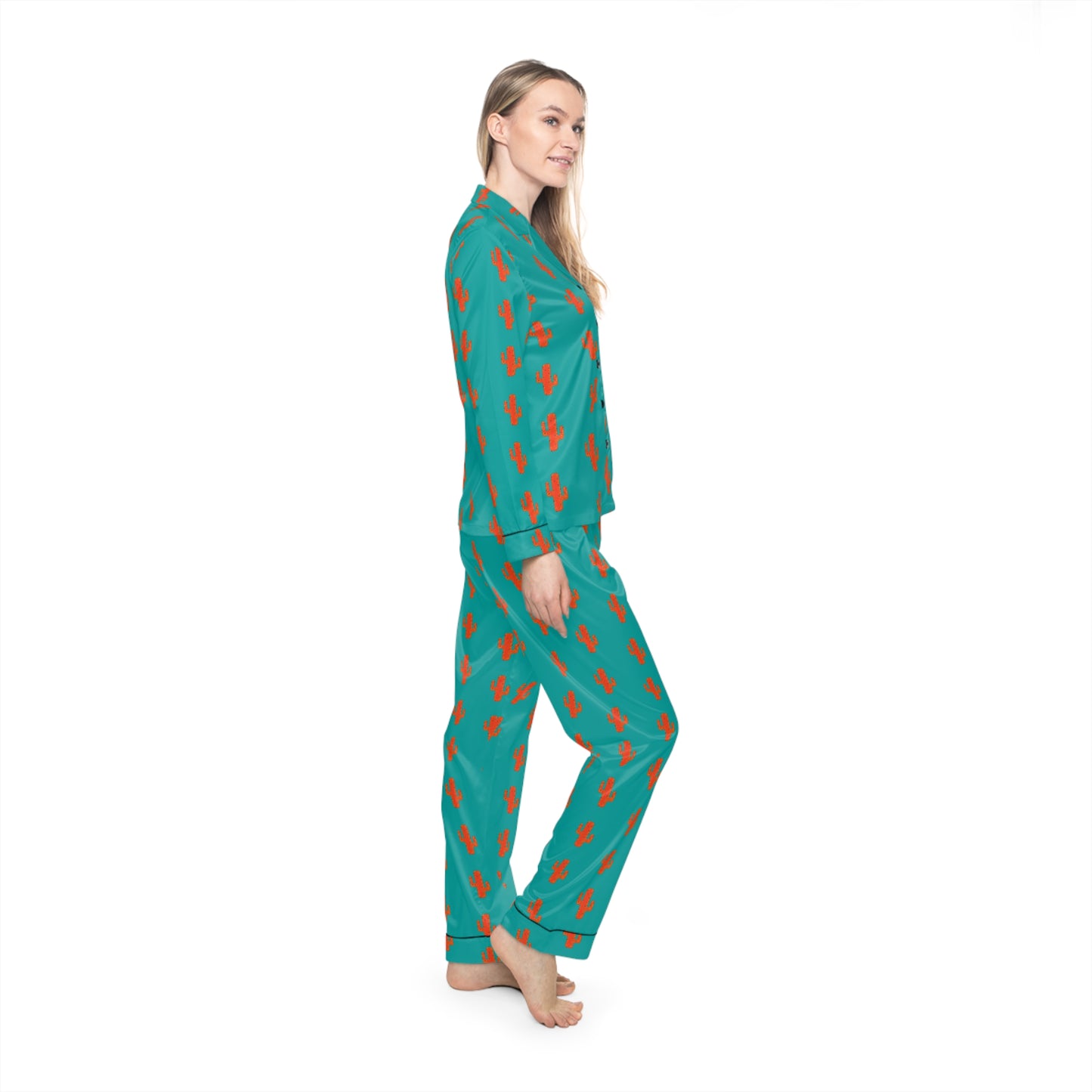 Women's Satin Pajama Set — Teal Retro Cat Pattern Loungewear