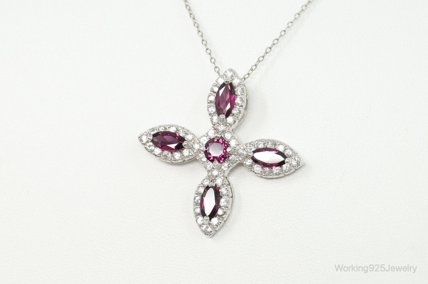 Large Rhodolite Garnet Cubic Zirconia Sterling Silver Necklace