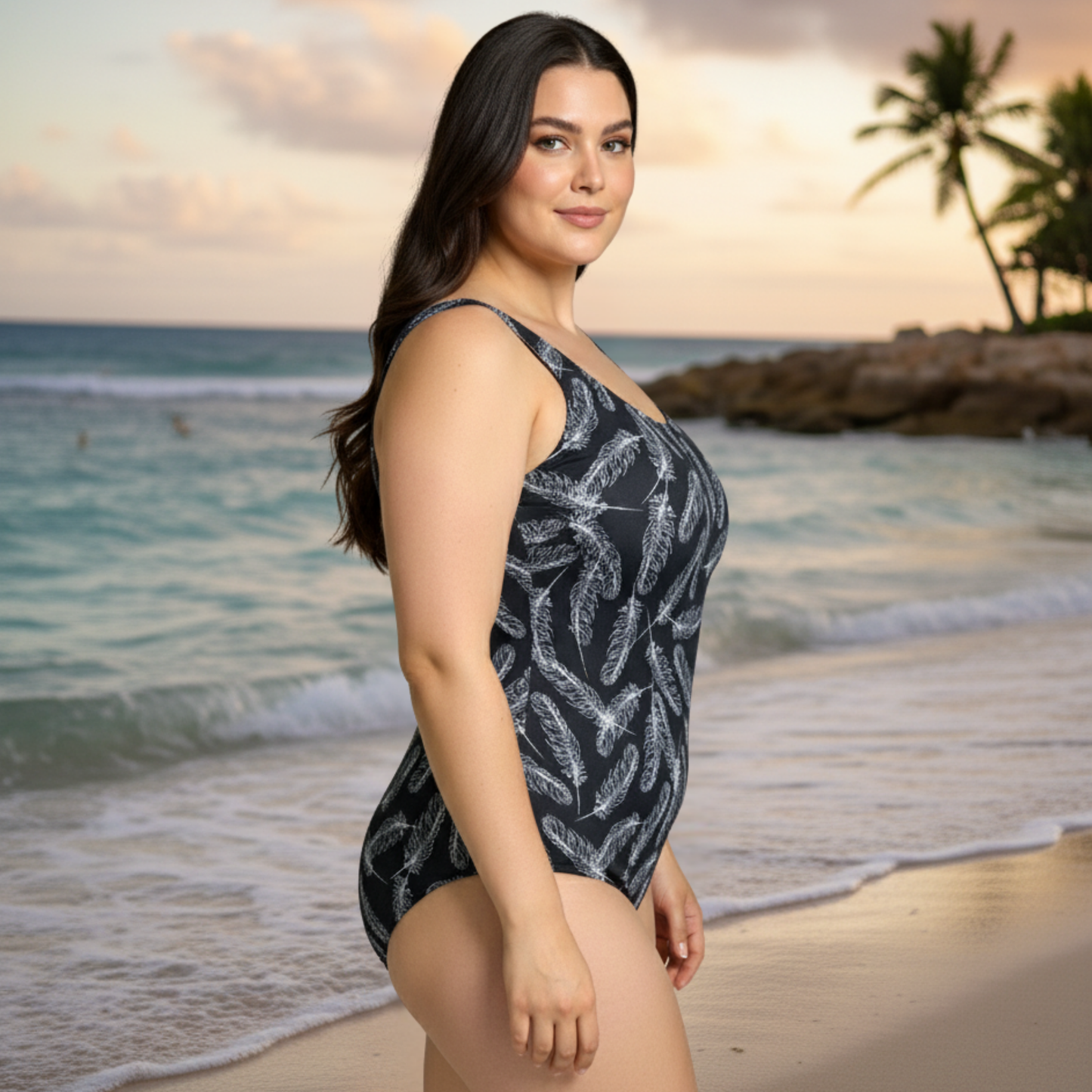 InstantFigure Feathers  One Piece Basic Scoop Tank Swimsuit 78310P