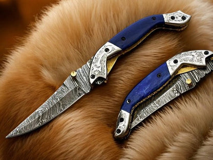 Handmade Damascus Pocket Knife – Blue Wood Handle