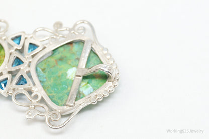 Vintage Large Green Turquoise Blue Topaz Sterling Silver Necklace Pendant