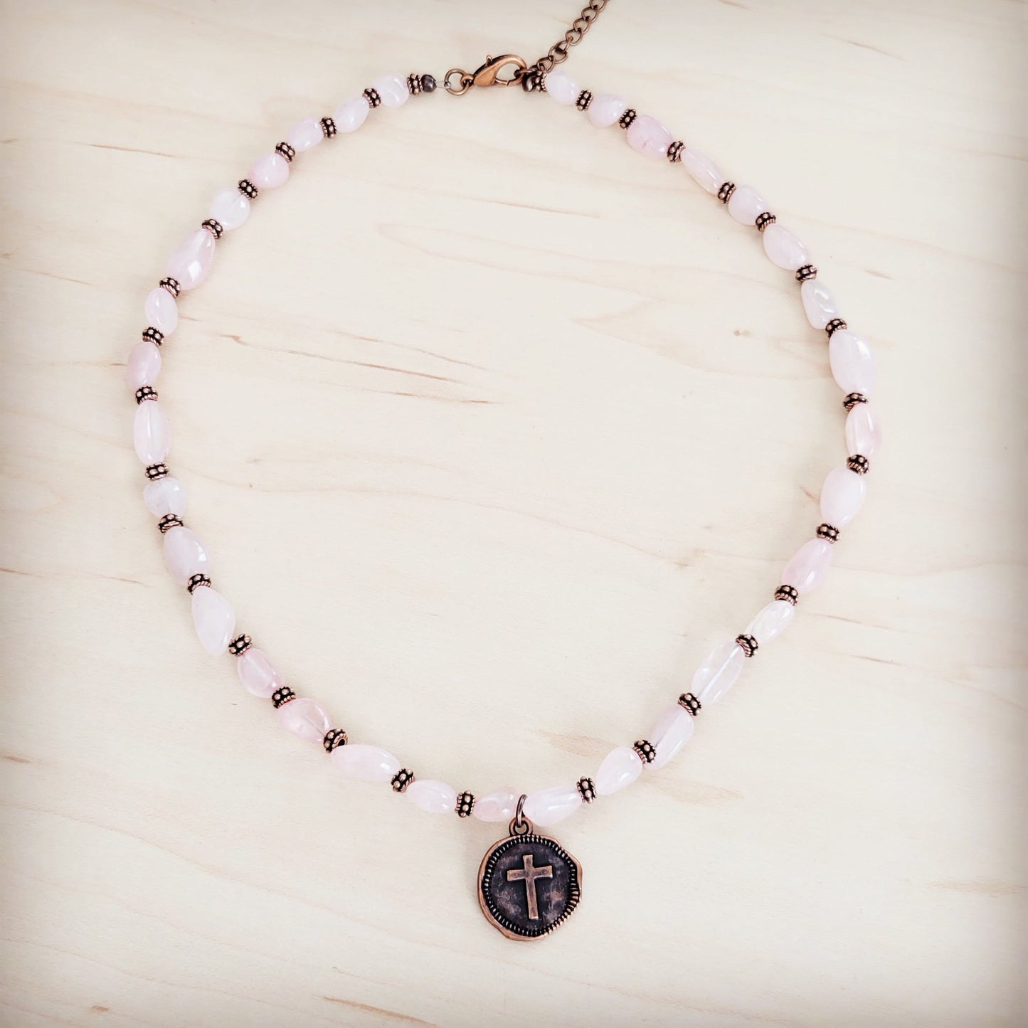 Rose Quartz Collar Necklace w/ Copper Cross Round Charm 263j