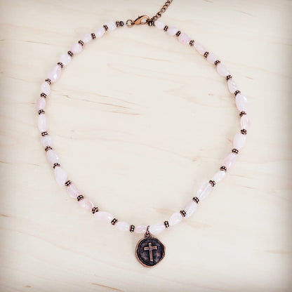 Rose Quartz Collar Necklace w/ Copper Cross Round Charm 263j