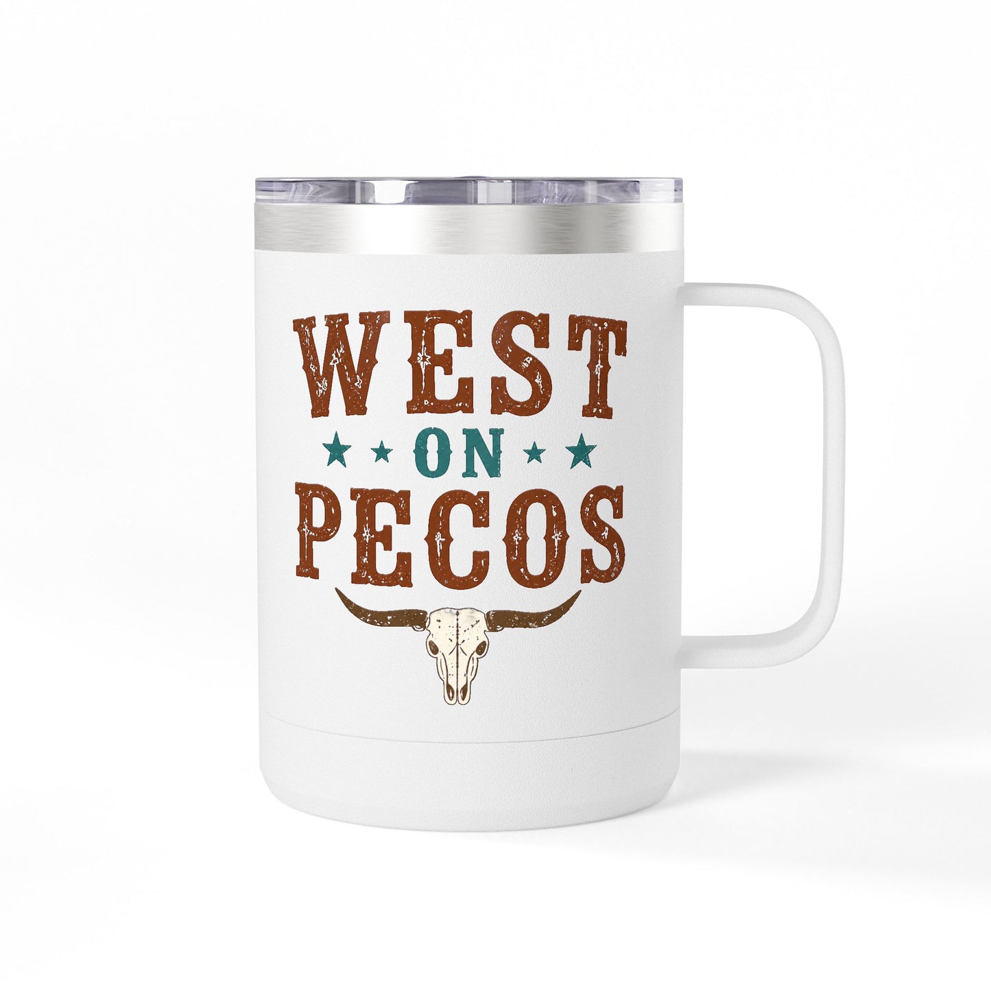 Western West on Pecos Coffee Mug — 15oz Rancher Travel Tumbler (No-Spill)