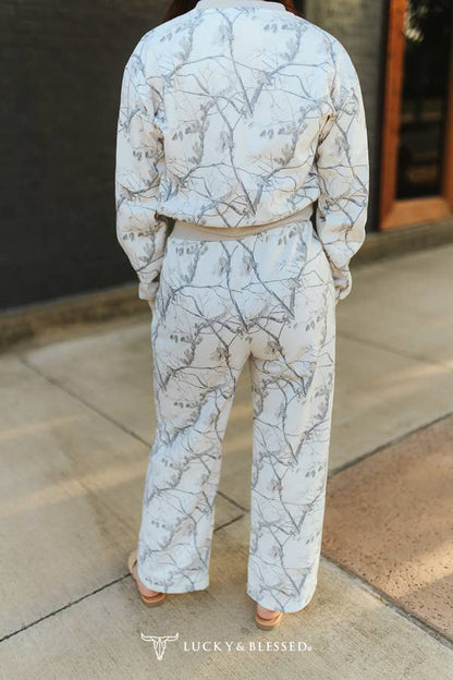 White Camo Print Cropped Sweatshirt & Pants Lounge Set XL-3XL