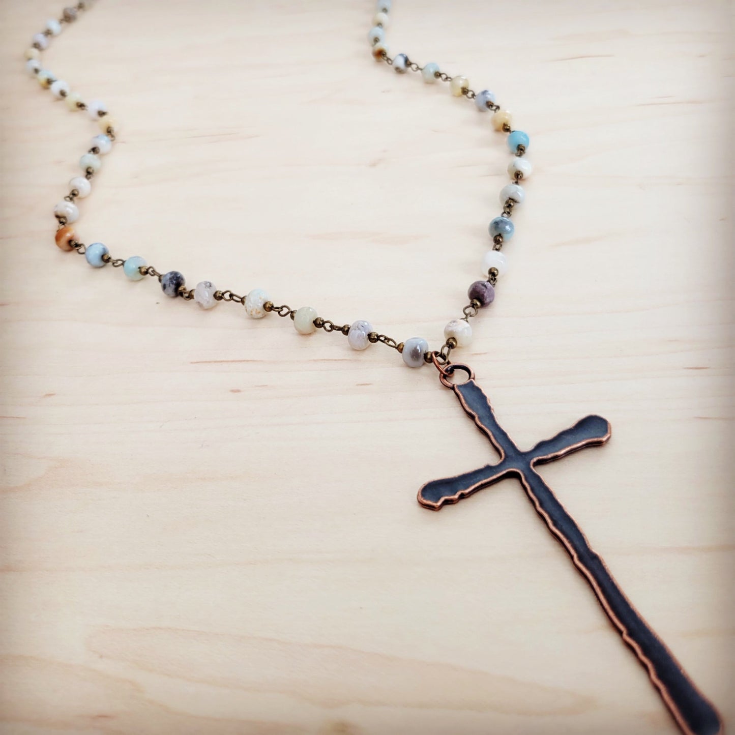 Genuine Amazonite Long Beaded Necklace with Antique Copper Cross 262x
