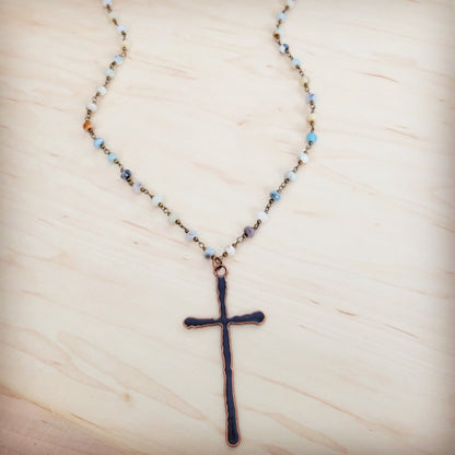 Genuine Amazonite Long Beaded Necklace with Antique Copper Cross 262x