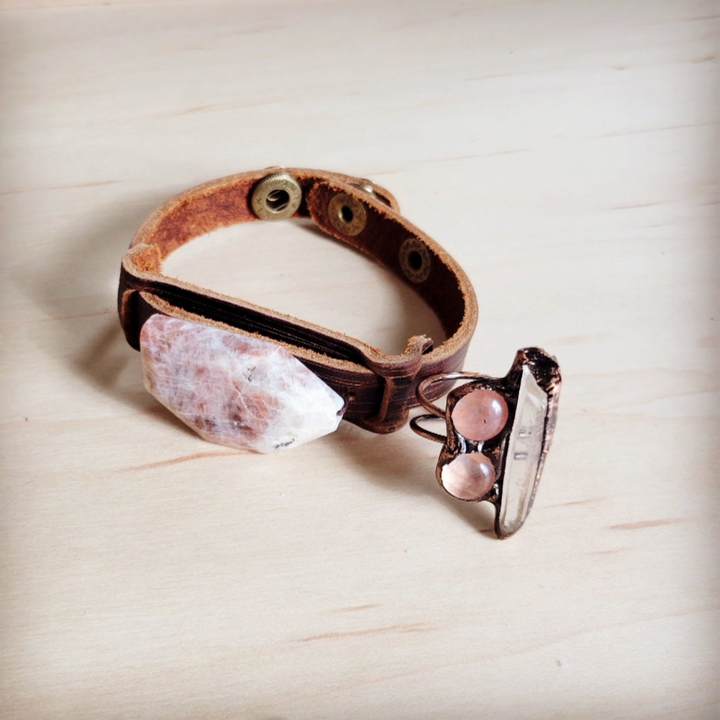 Sunstone Slab Narrow Leather Cuff Bracelet 001ab