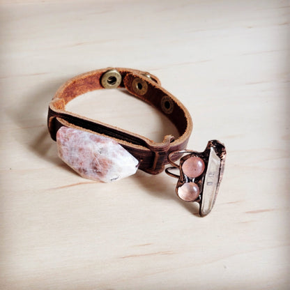 Sunstone Slab Narrow Leather Cuff Bracelet 001ab