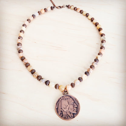 Natural Agate Beaded Collar Necklace w/ Indian Head Pendant 262m