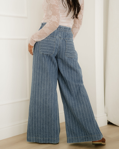 PREORDER - Cora Stripe Button Pleated Drawstring Waist Casual Wide Leg Jeans