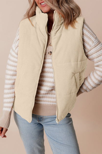 Scottie Solid Color Corduroy Puffer Vest Coat - Beige