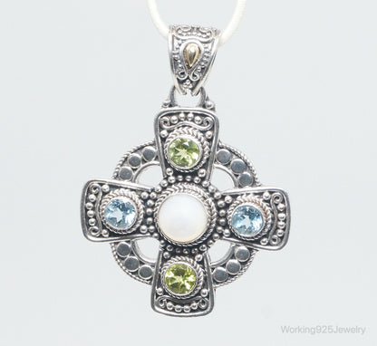 Vintage Designer BA Suarti 18K Gold Multi Gem Sterling Silver Necklace Pendant