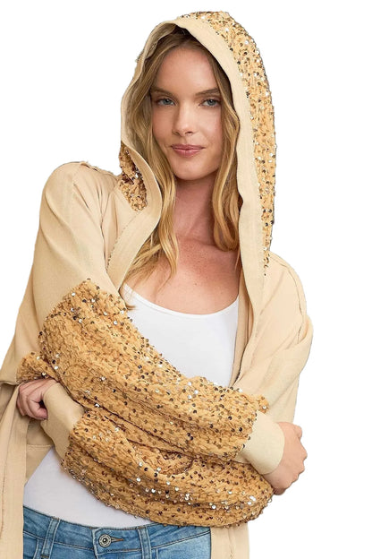 Garden Naked Womens Casual Bomber Jacket Sequin Embellished Hooded Cardigan Sparkly Beige Evening Party