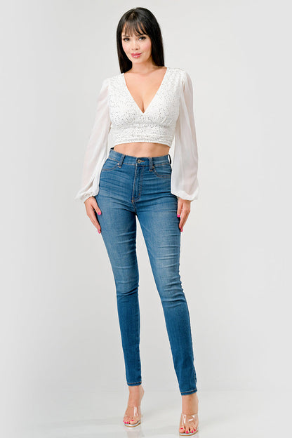 Luxe Lace Sequin Crop Top with Sheer Long Sleeves – Black or White