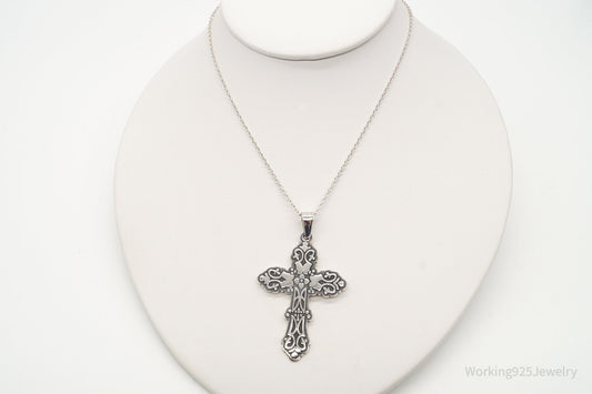 Vintage Large Mexico Artisan CII Cross Sterling Silver Necklace