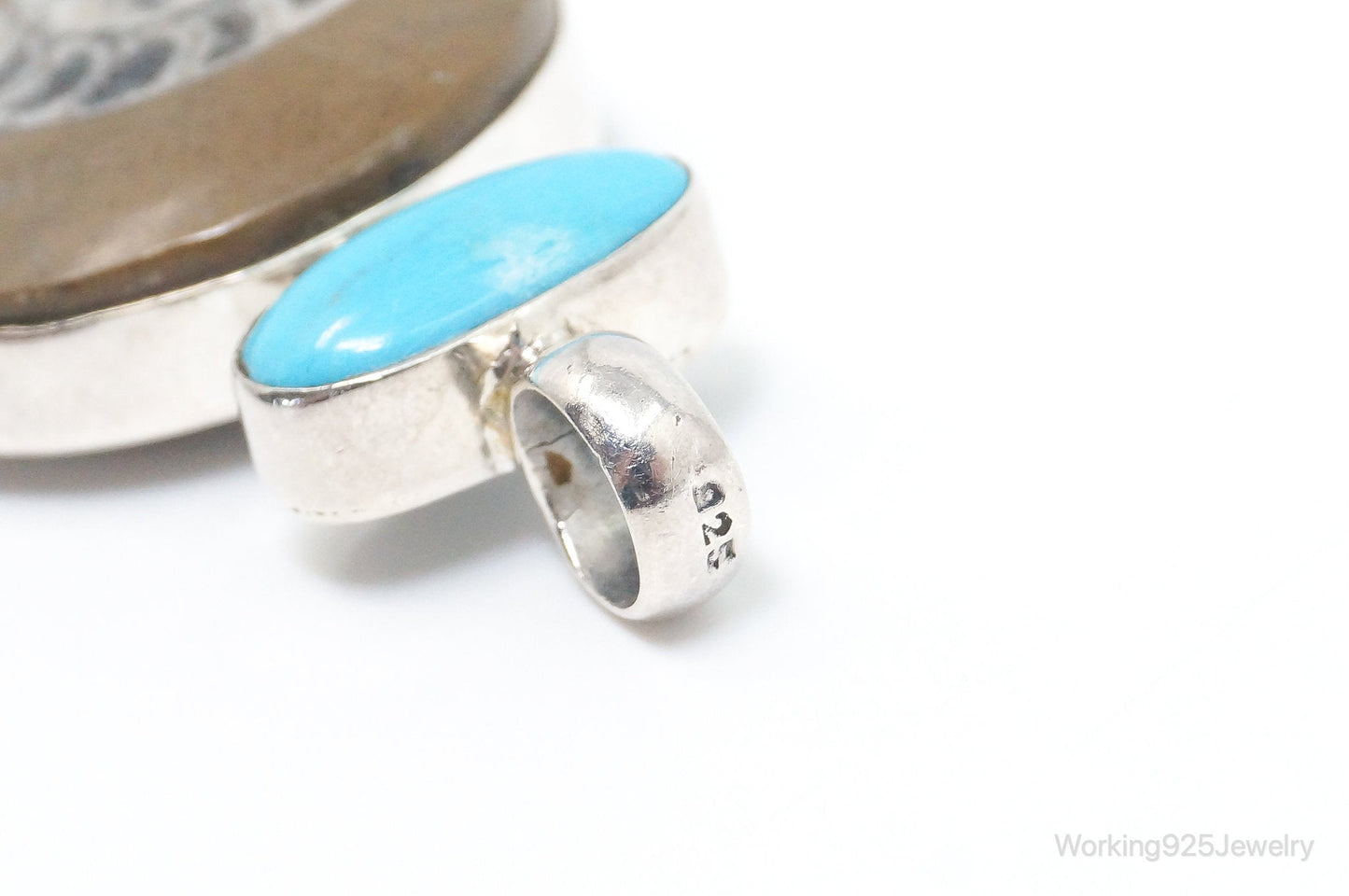 Vintage Large Fossil Shell Turquoise Gray Moonstone Sterling Silver Pendant