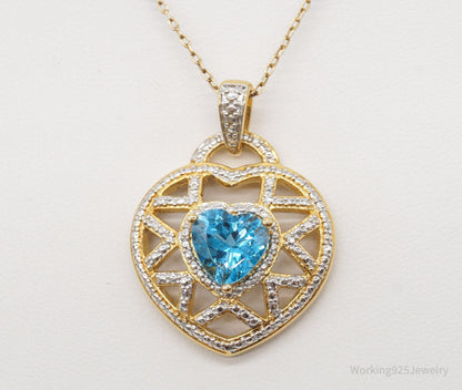 Vintage Blue Topaz Gold Vermeil Sterling Silver Heart Necklace