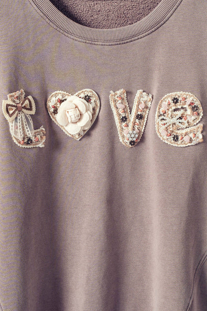 Boho "Love" Embellished Mineral Wash Sweatshirt