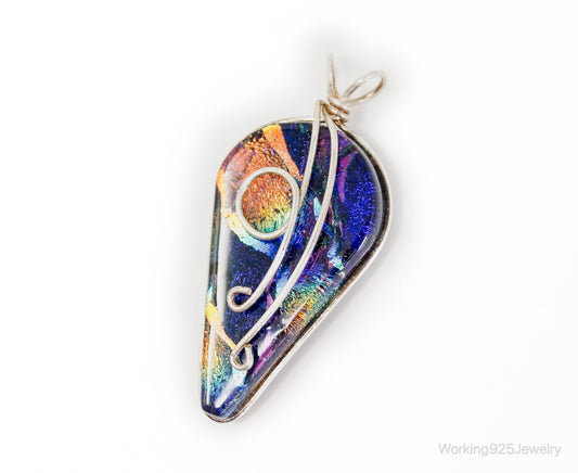 Vintage Large Dichroic Glass Sterling Silver Necklace Pendant