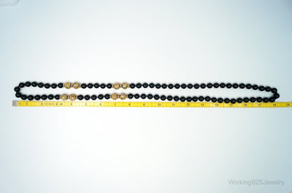 Vintage Long Black Onyx Cloisonne Beads Necklace