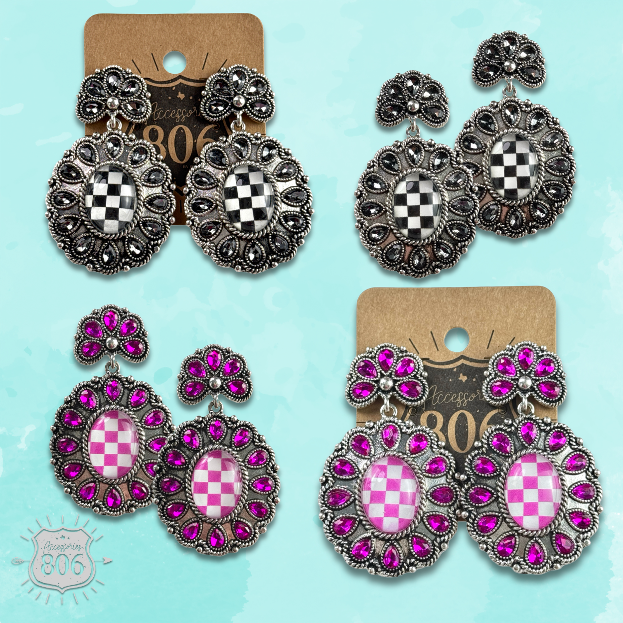 Western oval rhinestone earring with checkerboard inlay