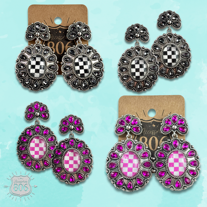 Western oval rhinestone earring with checkerboard inlay