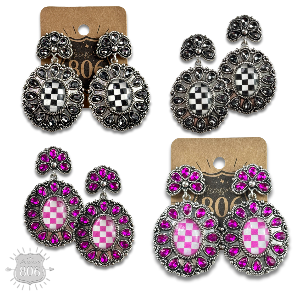 Western oval rhinestone earring with checkerboard inlay