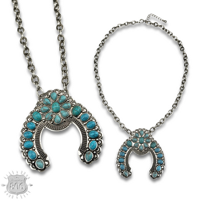 Silver and turquoise squash blossom necklace