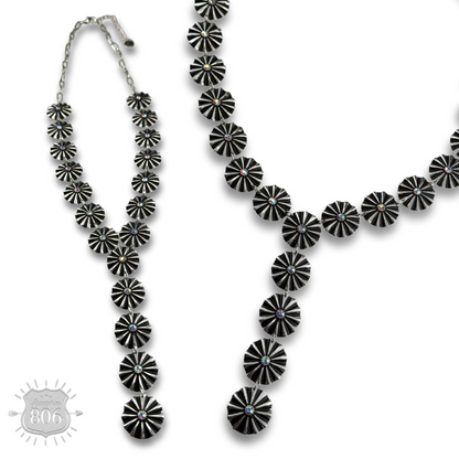 Starburst concho long Y necklace with iridescent rhinestones
