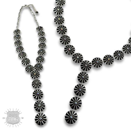 Starburst concho long Y necklace with iridescent rhinestones