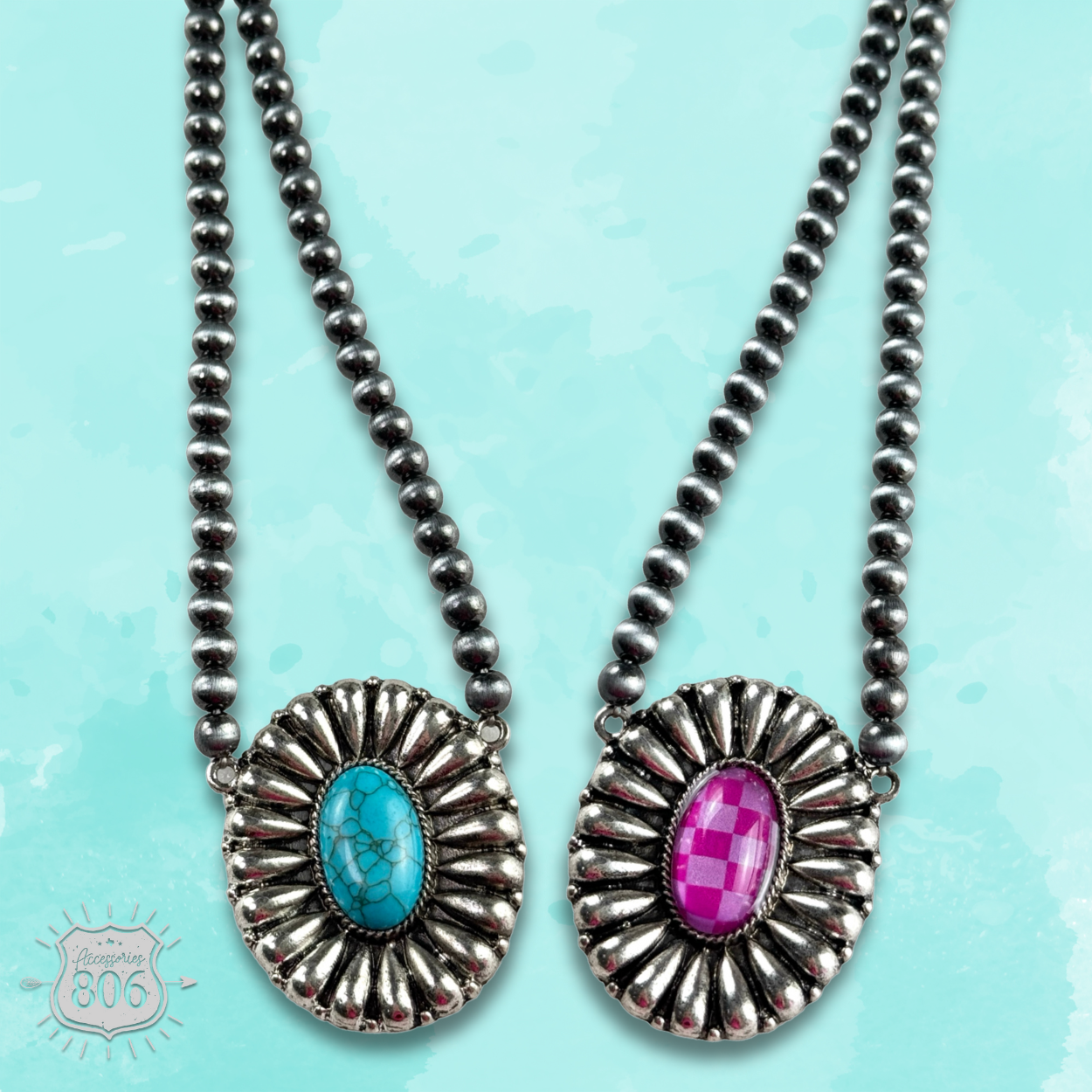 Western sunburst pendant on burnished silver bead necklace