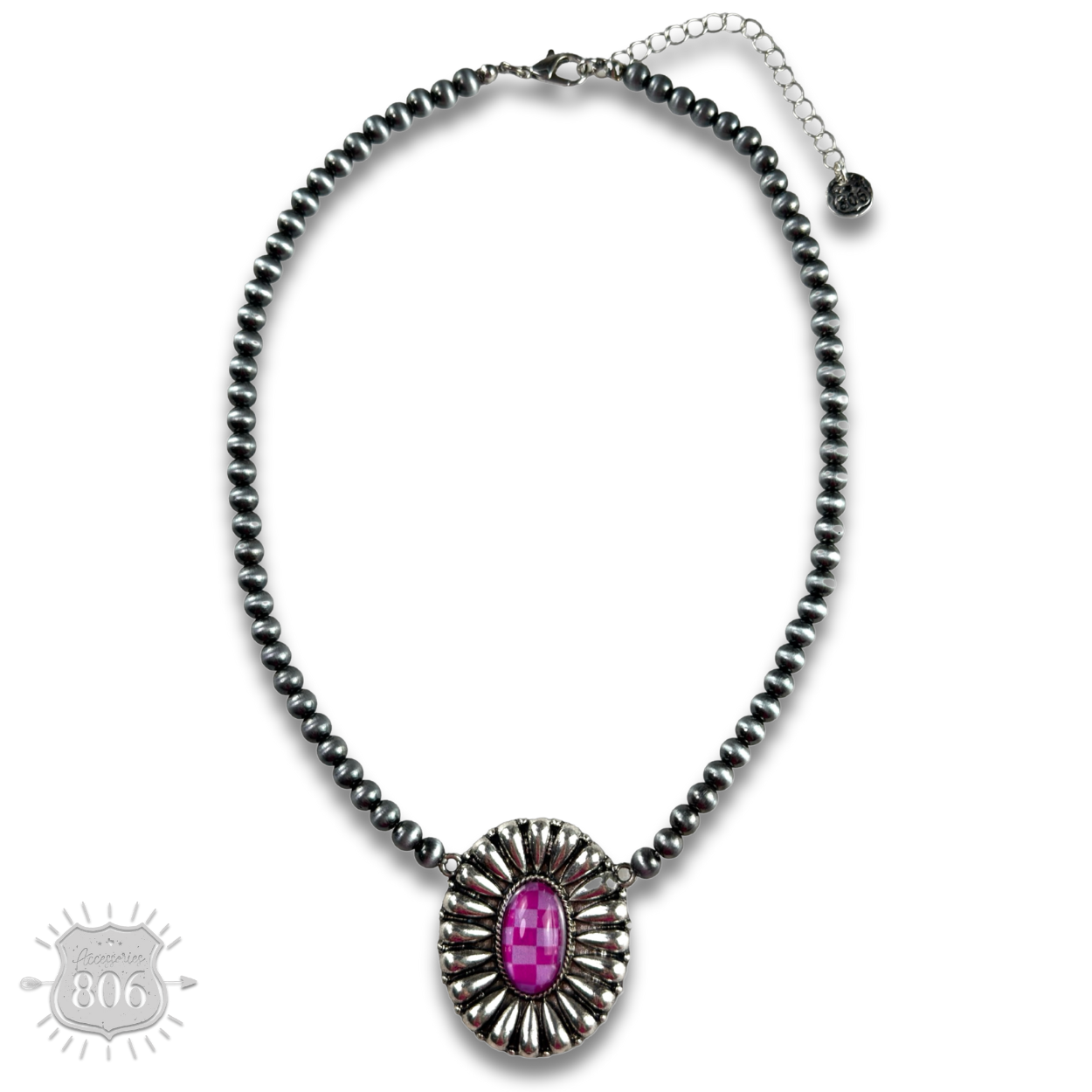 Western sunburst pendant on burnished silver bead necklace