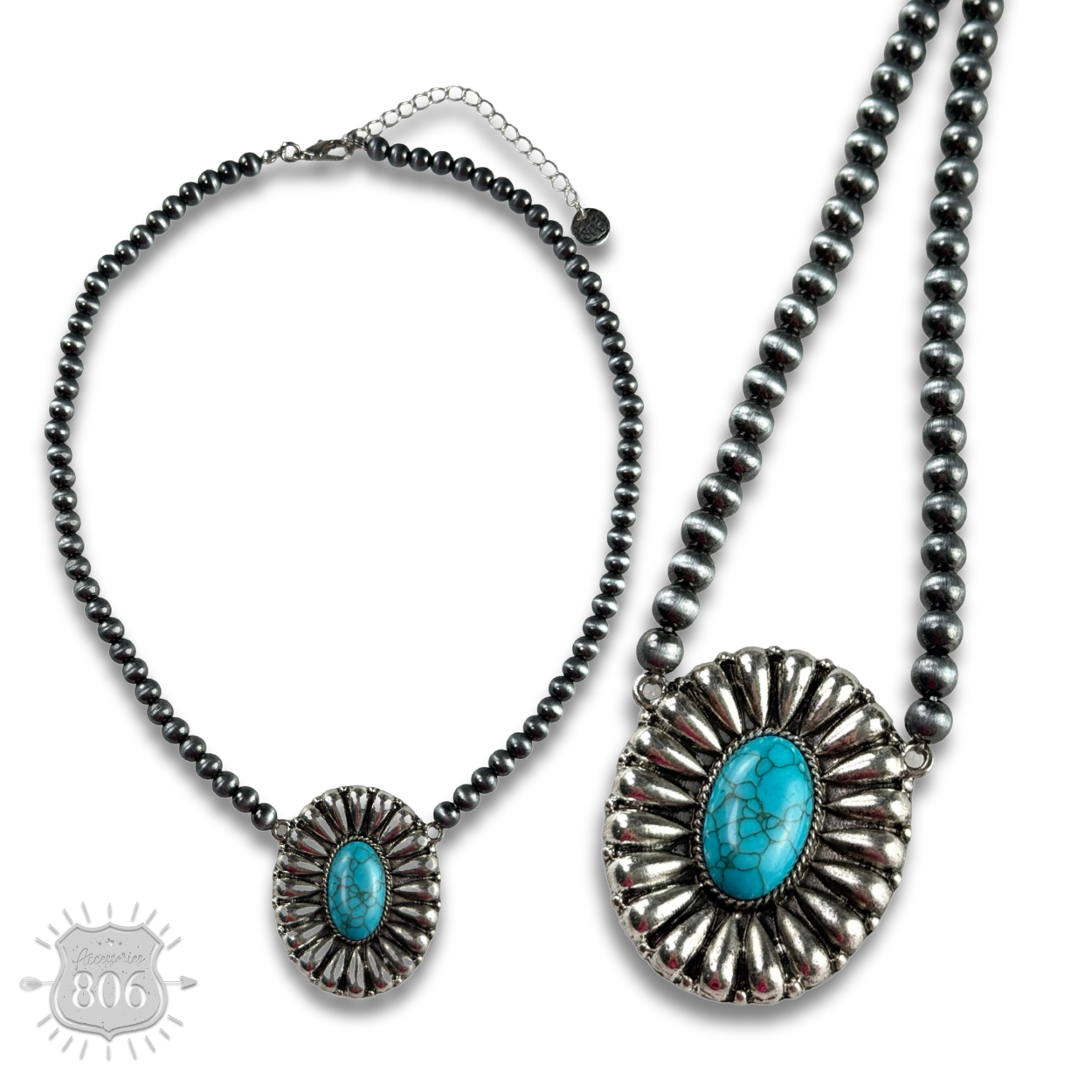 Western sunburst pendant on burnished silver bead necklace