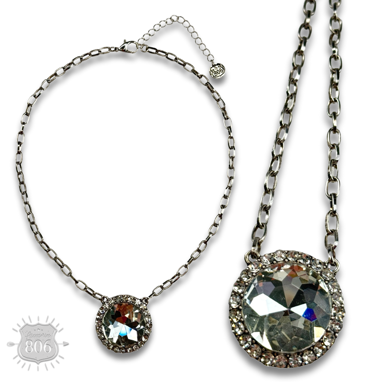 Large round pendant on silver link chain necklace