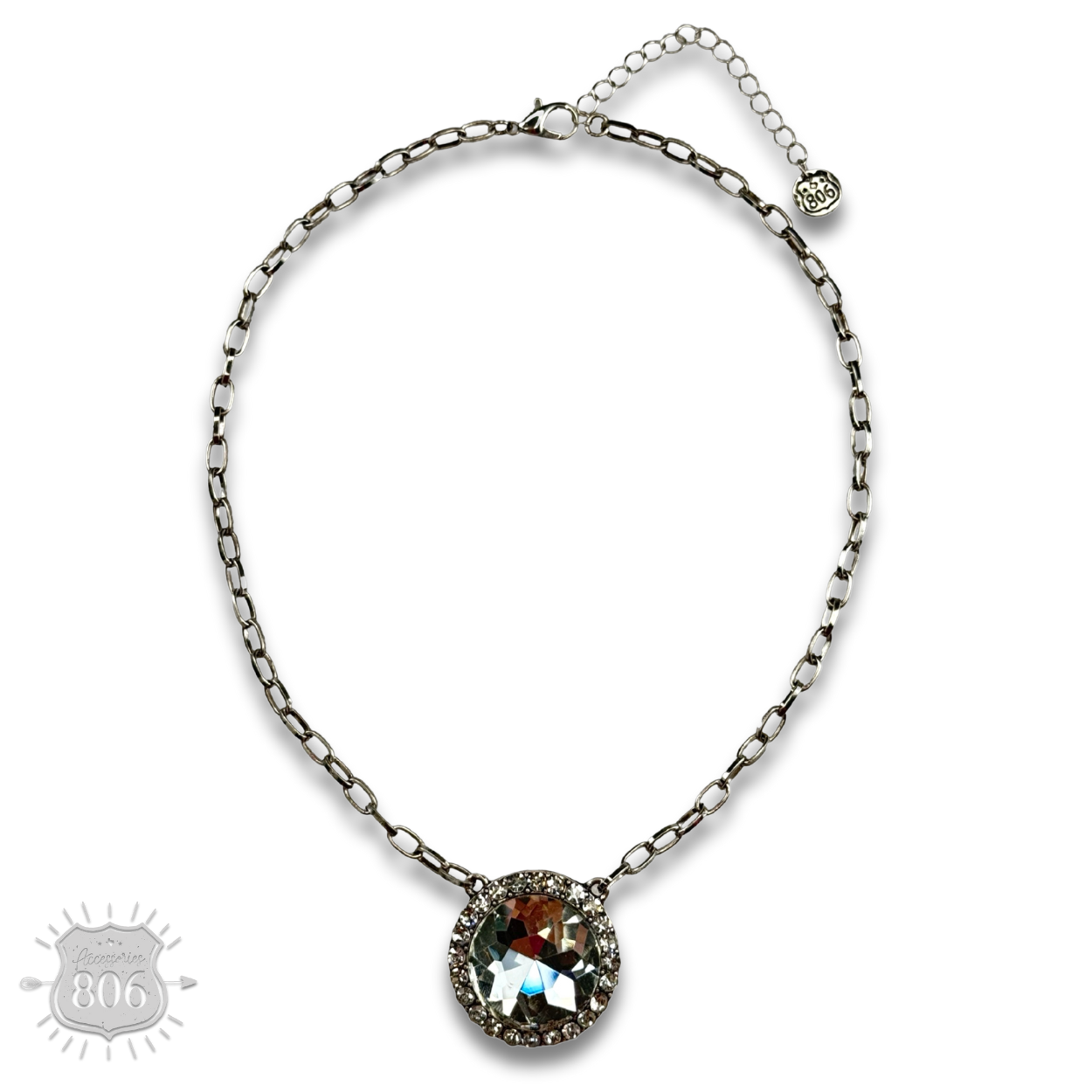 Large round pendant on silver link chain necklace