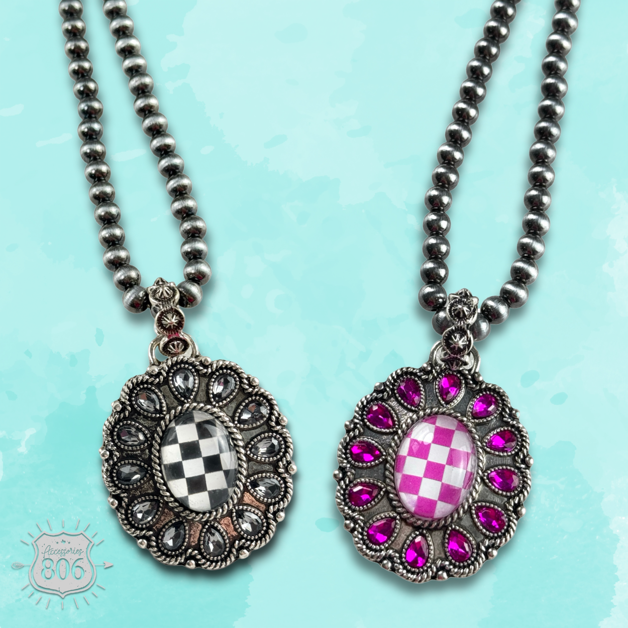Western oval rhinestone pendant on burnished silver bead necklace