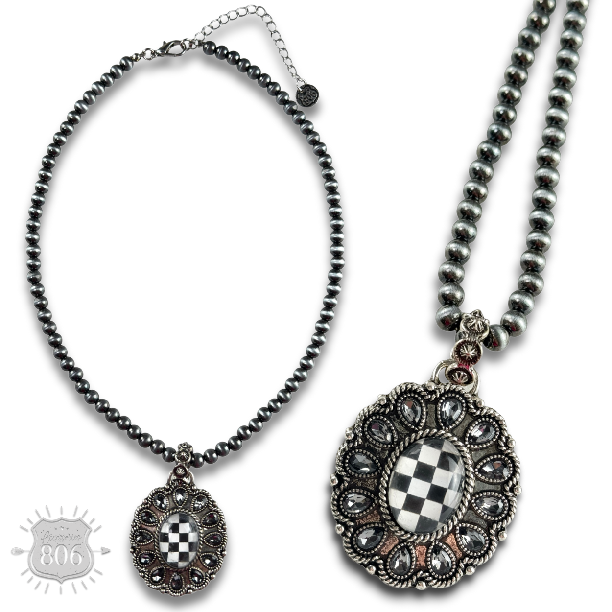 Western oval rhinestone pendant on burnished silver bead necklace