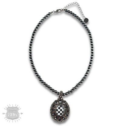 Western oval rhinestone pendant on burnished silver bead necklace