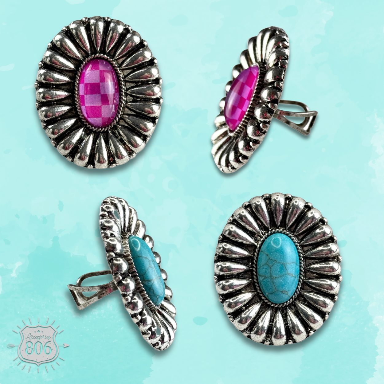 Western sunburst oval ring with center inlay
